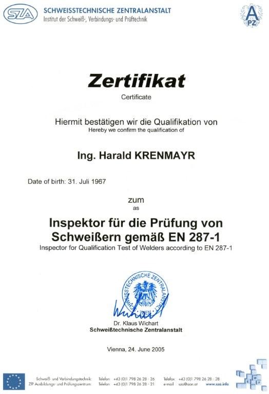 Zertifikat Inspektor für die Prüfung von Schweißern