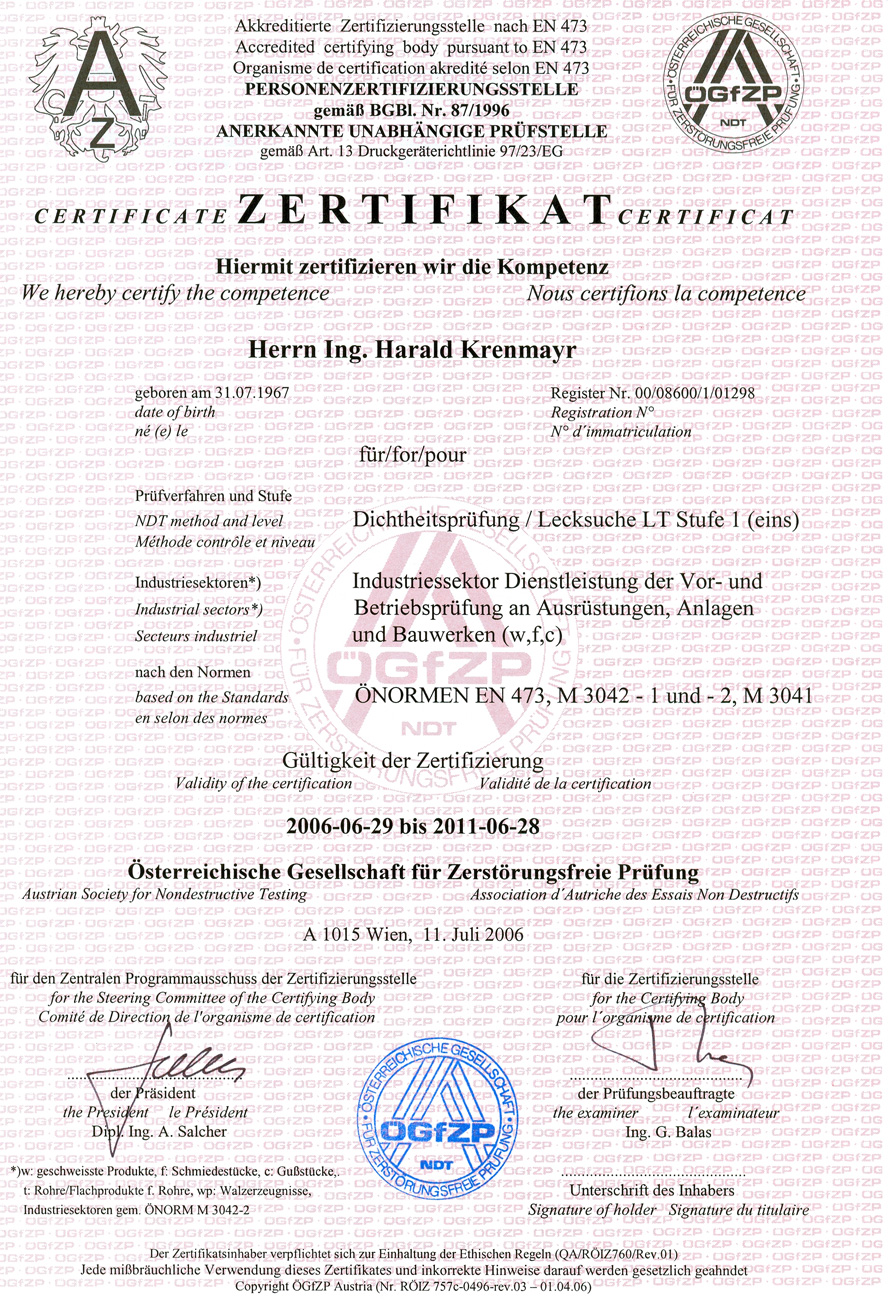 Zertifikat Dichtheitsprüfung/Lecksuche